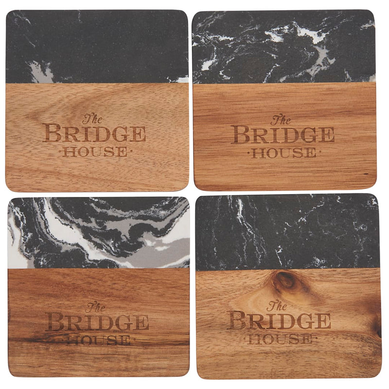 Front View of Black Black Marble and Wood Coaster Set