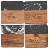 Front View of Black Black Marble and Wood Coaster Set