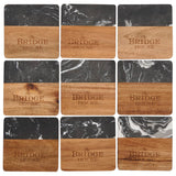 Front View of Black Black Marble and Wood Coaster Set