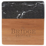Front View of Black Black Marble and Wood Coaster Set