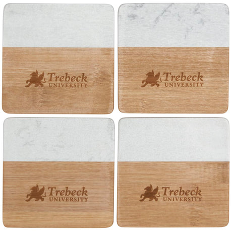 Front View of Natural Marble and Bamboo Coaster Set