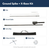 Ground Spike + X-Base Kit contents: pole, ground spike, carry bag, X-base and water bag