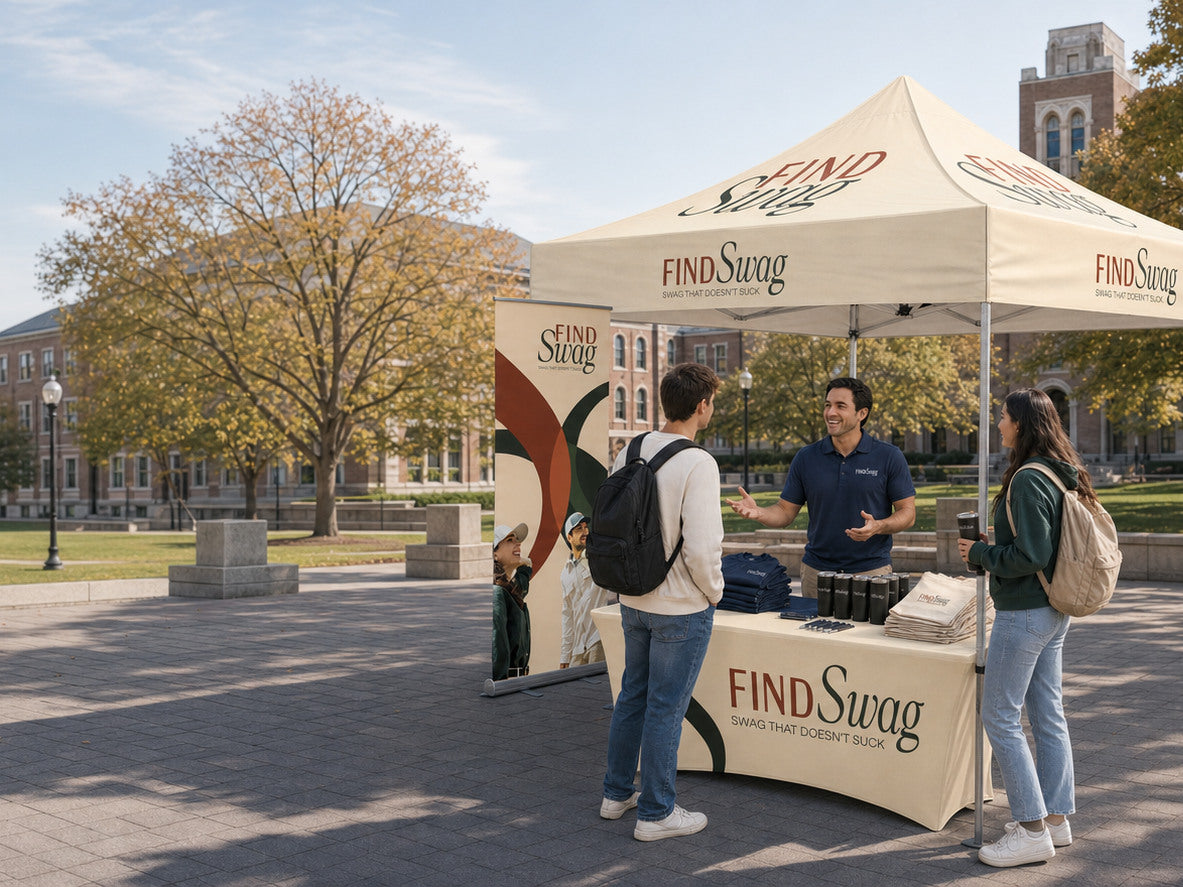 Illustrative campus event scene with a branded table, retractable banner, canopy, staff polo, drinkware, and giveaways